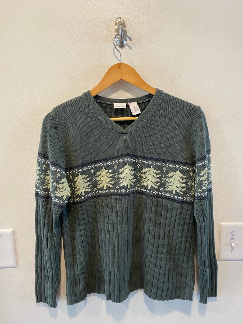 Vintage 100% cotton Sweater womens medium Ribbed Tree Fair Isle 90s Y2K holiday